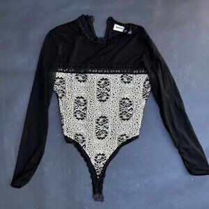 Adam Pour Eve Paris Lace Bodysuit Black Long Sleeve Sheer Mesh